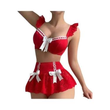 Imagem de Conjunto De Sutiã De Renda Transparente Preto Com Laço E Mini Saia Par