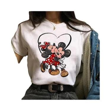 Imagem de Camiseta Feminina Kawaii Disney Mickey Minnie Mouse Com Estampa De Alg