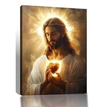 Imagem de Arte de parede em tela de coração sagrado de Jesus religioso, impressão de pôster com tema de coração sagrado cristão Jesus brilhante, pintura de decoração de casa adequada para quarto, sala de estar