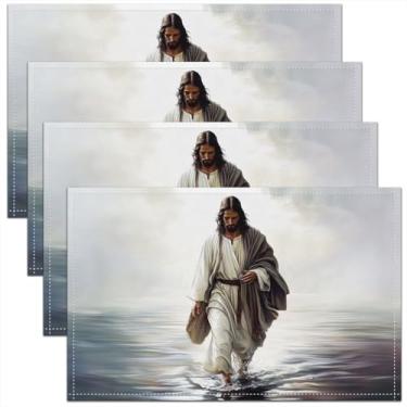 Imagem de Jogo americano infantil God Walking on Water, conjunto de 4 tapetes de mesa com versículo da Bíblia da fé ocidental, arte moderna, decoração de cozinha espiritual, cinza escuro, decoração de mesa de