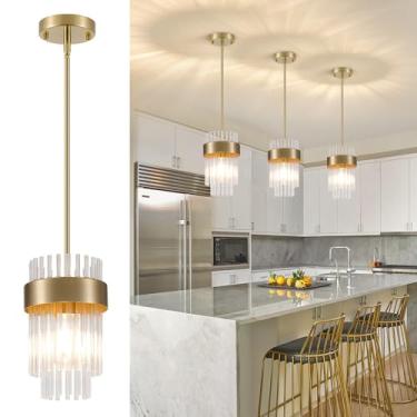 Imagem de Dijiahua Pacote com 3 luzes pendentes douradas, ilha de cozinha, luminárias pendentes de cristal modernas sobre a mesa, mini latão para sala de jantar 1 lustre, luminária suspensa com cordão ajustável
