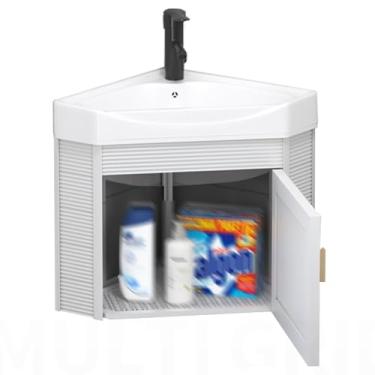 Imagem de Pia de banheiro de canto - Pia de cerâmica de montagem na parede com recipiente de armazenamento - ideal para espaços pequenos - Armário de banheiro compacto para organização eficiente