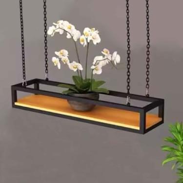 Imagem de Suporte suspenso para plantas com moldura de ferro com tábuas de madeira - Prateleira suspensa no teto para decoração de varanda, bar ou floricultura (120 x 25 x 15 cm) - Exibição floral elegante