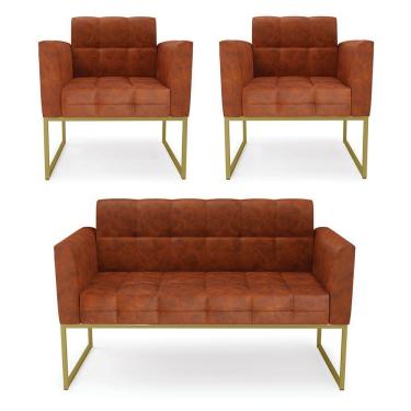 Imagem de Kit 1 Sofá Namoradeira E 2 Poltronas Elisa Corano Base Metálica Industrial Dourado - D'rossi Cor Nozes