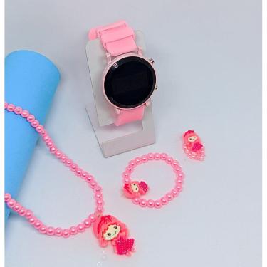 Imagem de Kit Relógio Feminino Digital Led Silicone ajustável Esporte Hora Data Rosa + Conjunto Colar Pulseira Anél Miçangas