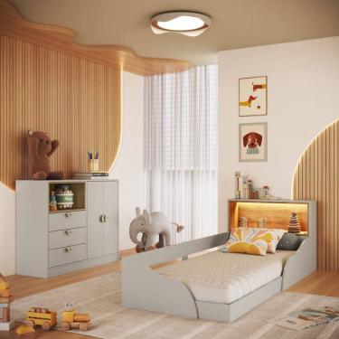 Imagem de Quarto Infantil Cama Solteiro Montessoriana Led Comoda 3 Gavetas CJ080 Lille