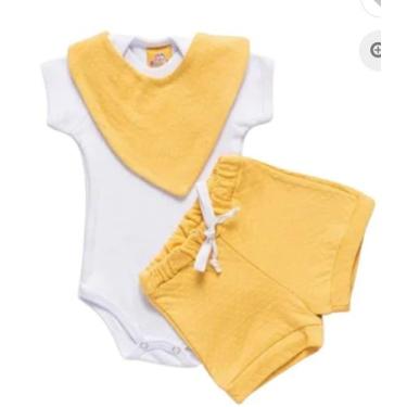 Imagem de Conjunto Bebê 3 Peças Body Shorts e Bandana Amarelo - Kadu Modas, M 3-