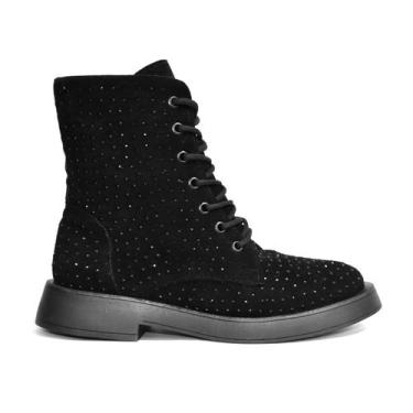 Imagem de Coturno Godiva Rasteiro Camurça Strass Feminino Preto, 35