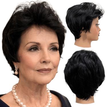 Imagem de Peruca curta preta orgânica premium pixie elegante wig 1B