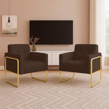 Imagem de Poltrona Elisa Suede Marrom D03 Sala Industrial Alta Tubo Dourado Kit 2 Marrom D'Rossi