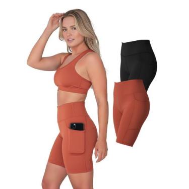 Imagem de Kit 2 Bermudas Fitness Feminina Bolsos Laterais Para Celular Cor:Cinza