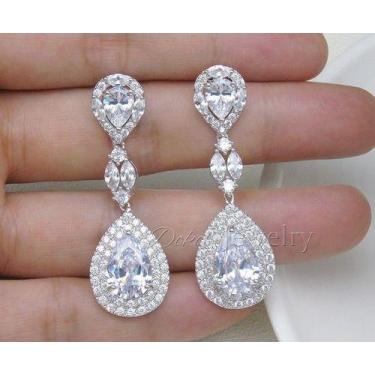 Imagem de Brinco Noiva Zirconia Prata Formatura Debutante Gota Grande - De Castr