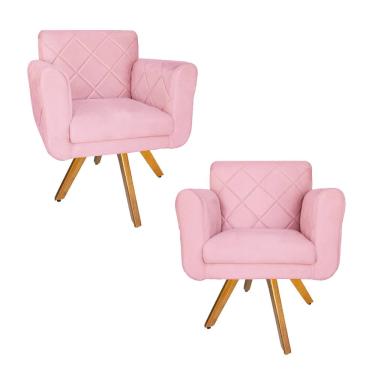 Imagem de Jogo 2 Poltrona Decorativa Base Giratória De Madeira Salão Isabella Suede Rosa Bebe - L...