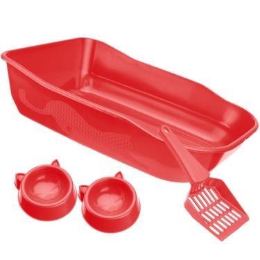 Imagem de Kit Caixa de Areia para Gatos Durapets Furba Vermelho com Pazinha e 2 Comedouros 4 Peças