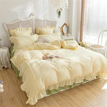 Imagem de Capa de edredom com babados de cor pura tamanho grande 100% algodão lavado boêmio jogo de cama 4 peças - branco + cinza|||cama de 1 m