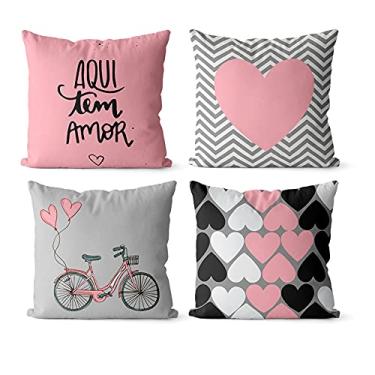 Imagem de Kit 4 capas de almofadas decorativas aqui tem amor rosa e preto 40x40