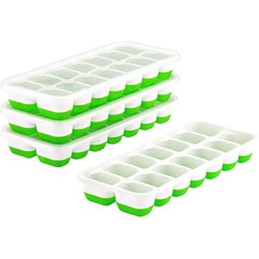 Imagem de Hlily Bandejas De Cubo De Gelo, 4 Peças De Cubo De Gelo Com Tampa, 14 Bandejas De Cubo, Molde De Gelo De Silicone, Material Seguro Para Alimentos, Bandejas De Gelo De Fácil Liberação, Empilhável, Lavável Na Máquina De Lavar Louça, Freezer
