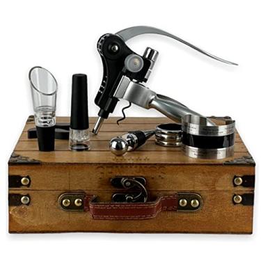 Imagem de Kit Abridor de Vinho Profissional Saca Rolha com Acessórios e Estojo Madeira Rústica Clara