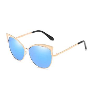 Imagem de Óculos de sol retrô olho de gato para mulheres homens moda design oco vintage óculos de sol lente espelho feminino masculino masculino uv400, ouro azul, uv400