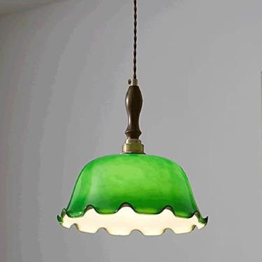 Imagem de KRASS Nordic Retro Branco Verde Pingente Luz Moderna Cabeça Única Latão Suspenso Pétala Vidro Lustre Suspenso Nogueira Luminária Café Bar Luz E27 Luminária Pendurada, Verde, Colecionador 88
