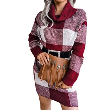 Imagem de Vestido feminino outono inverno manga longa vestido fino gola alta conforto vestido comprimento no joelho vestido casual de malha de inverno, vermelho, M