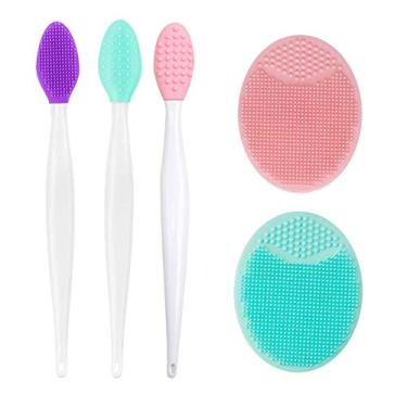 Imagem de 3 pincéis esfoliantes de silicone 2 em 1 dupla face de silicone macio e 2 pincéis de silicone para limpeza facial de silicone para limpeza de lábios mais macios e cheios de cravos
