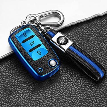 Imagem de YJADHU Capa de chave de carro de TPU masculina feminina, adequada para Volkswagen VW 4 5 6 Bora Jetta POLO Passat B5 B6 Skoda Octavia Fabia SEAT Ibiza Leon, chaveiro azul