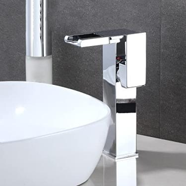 Imagem de Conjunto de torneiras de lavatório de banheiro com cascata de LED de latão Misturador de água quente e fria Torneira de pia com guindaste Mudança de cor Alimentado por torneiras de fluxo de