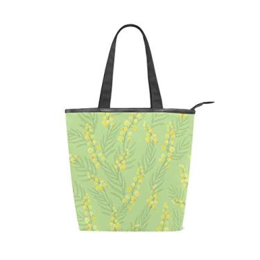 Imagem de Bolsa de ombro com alça superior de lona verde Mimosa flor bolsa de ombro para mulheres