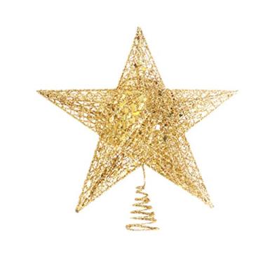 Imagem de BESTOYARD Topper de árvore de Natal com glitter de metal e arame de estrela de cinco pontas para decoração de festa de Natal para Home Hotel Office (ouro)