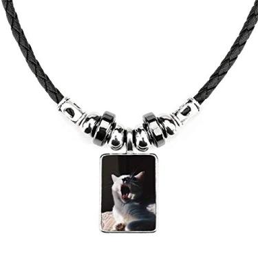 Imagem de DIYthinker Colar de tiro com fotografia de gato de guincho com pingente de corda de couro