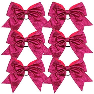 Imagem de Arcos de líder de torcida para torcida de 20 cm com suporte de rabo de cavalo brilhante para escola de cabelo para universitárias e meninas esportivas 6 peças, Shocking Hot Pink