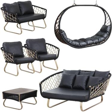 Imagem de Kit 2 Poltronas Sofá e Mesa, Balanço Suspenso Tailândia e Chaise Milão Corda Náutica em Alumínio Trama