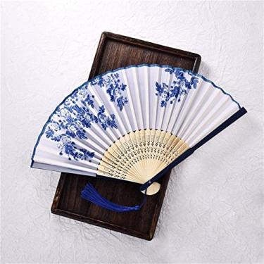 Imagem de Leque dobrável estilo vintage ventilador dobrável de seda padrão chinês japonês arte artesanato presente decoração de casa ornamentos ventilador de mão dança acessórios decorativos feitos à mão (cor: K, tamanho: 38X21cm)