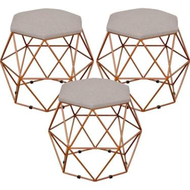 Imagem de Kit 03 Puffs Decorativo Aramado Bronze Six L02 Linho Bege - Lyam Decor