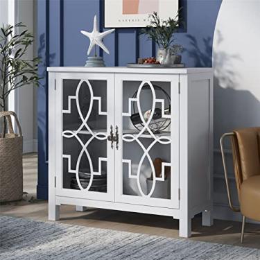 Imagem de Armário de armazenamento de madeira com design vintage moderno, 2 portas decorativas de vidro e prateleira ajustável, mesa de sofá para entrada, cozinha, sala de estar, quarto (cinza) (branco)