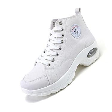 Imagem de WELRUNG Tênis feminino Air Cushion cano alto solado esportivo casual moderno lona tênis de caminhada, Branco, 35