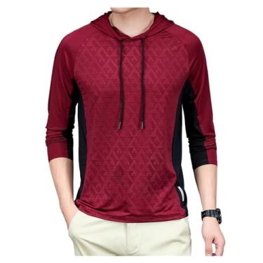 Imagem de Camisa esportiva masculina manga longa cor sólida camiseta atlética gola com capuz xadrez jacquard, Vermelho, XXG