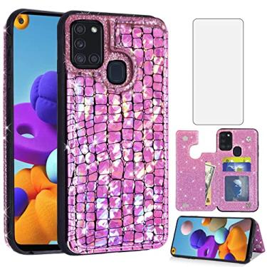 Imagem de Asuwish Capa carteira para Samsung Galaxy A21S com protetor de tela de vidro temperado e suporte para cartão de crédito celular de couro brilhante Glaxay Galaxies A 21S feminino meninas rosa