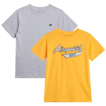 Imagem de AEROPOSTALE Camisetas para meninos - Pacote com 2 camisetas de manga curta - Camiseta clássica com gola redonda estampada para meninos (4-16), Cinza/dourado, 4