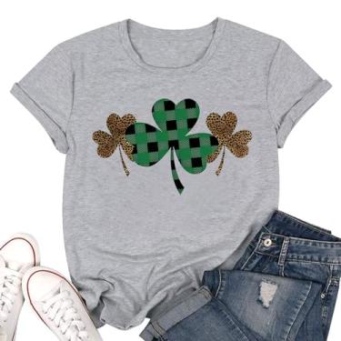 Imagem de Camiseta feminina do Dia de São Patrício com estampa de trevo irlandês da sorte, estampa de trevo verde e manga casual, Cinza, M