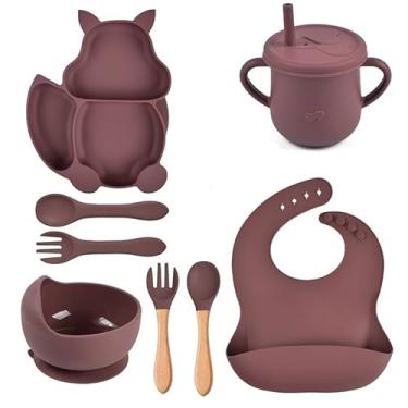Imagem de Conjunto Introdução Alimentar Prato de Silicone Com Ventosa Bowl Copo e 4 Talheres Garfo Colher E Babador de Silicone Kit Antiaderente Impermeável Infantil (Rosa Escuro)