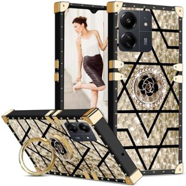 Imagem de Ephoou Capa para Xiaomi Redmi 13C/Poco C65/Poco M6 para mulheres, capa de telefone com design de canto de metal rebite quadrado com anel de diamante brilhante para Xiaomi Redmi 13C 17.1 cm BF-Gold