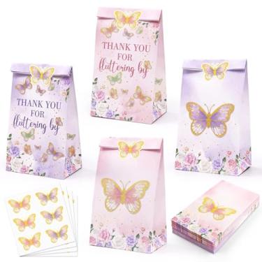 Imagem de 24 peças de sacos de doces de borboleta, rosa e roxo, sacos de de Thank You for Fluttering by Butterflies com adesivos, artigos de decoração de festa de aniversário para crianças