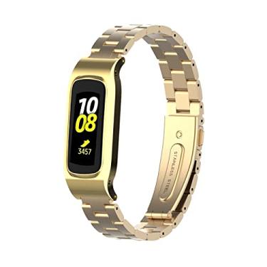 Imagem de Gheper Pulseira de relógio de metal compatível com Samsung Galaxy Fit2 SM-R220 de aço inoxidável, moldura protetora, design de pulseira de substituição para smartwatch 2 SM-R220, acessório (ouro