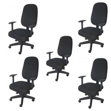 Imagem de Kit 5 Unidades Cadeira Escritório Secretária Giratória com Braço Regulável em Couro Preto