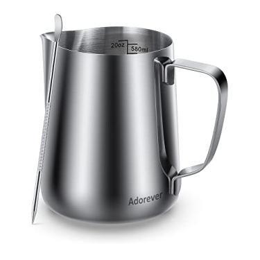 Imagem de Jarra de espuma de leite, jarra vaporizadora de aço inoxidável de 590 ml, acessórios para máquina de café expresso, ferramentas de cappuccino, barista, jarro de leite, copo de espumador com caneta decorativa para latte art