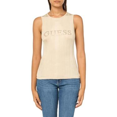 Imagem de GUESS Camiseta feminina sem mangas com logotipo Cristina, Safari Tan Foil, M