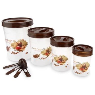 Imagem de Conjunto Kit Jogo Potes Plástico Cozinha Redondo Com Tampa Rosca Com Colher 8 Peças