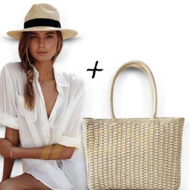Imagem de Kit Chapéu Palha + Bolsa Casual Praia Feminino ABA MÉDIA PANAMÁ 336 - 
